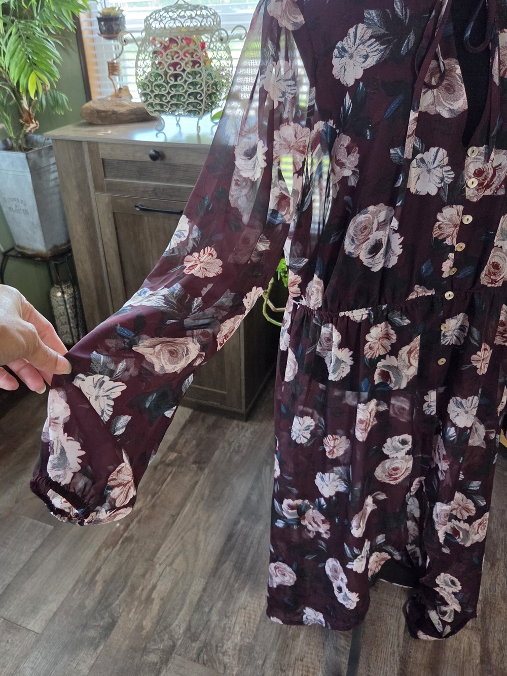 Plus Sheer Burgundy Chiffon Floral Maxi High-Low Fall Floral Dress 0X - Picture 8 of 13